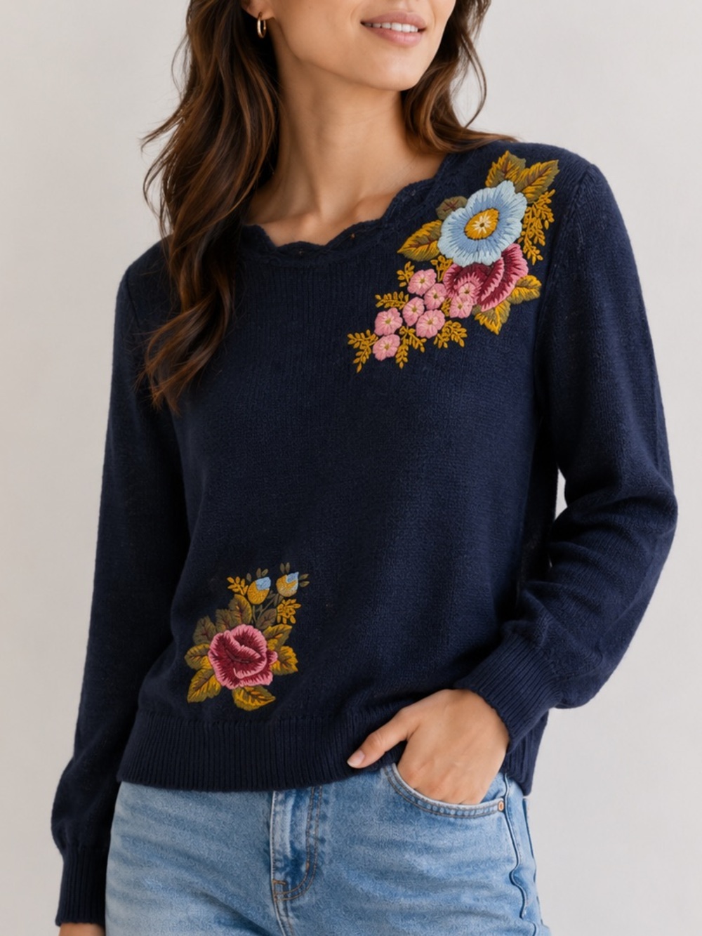 Bechamel‎ Cotton acrylic Navy Crewneck Sweater Pink & Blue Floral Embroidery S